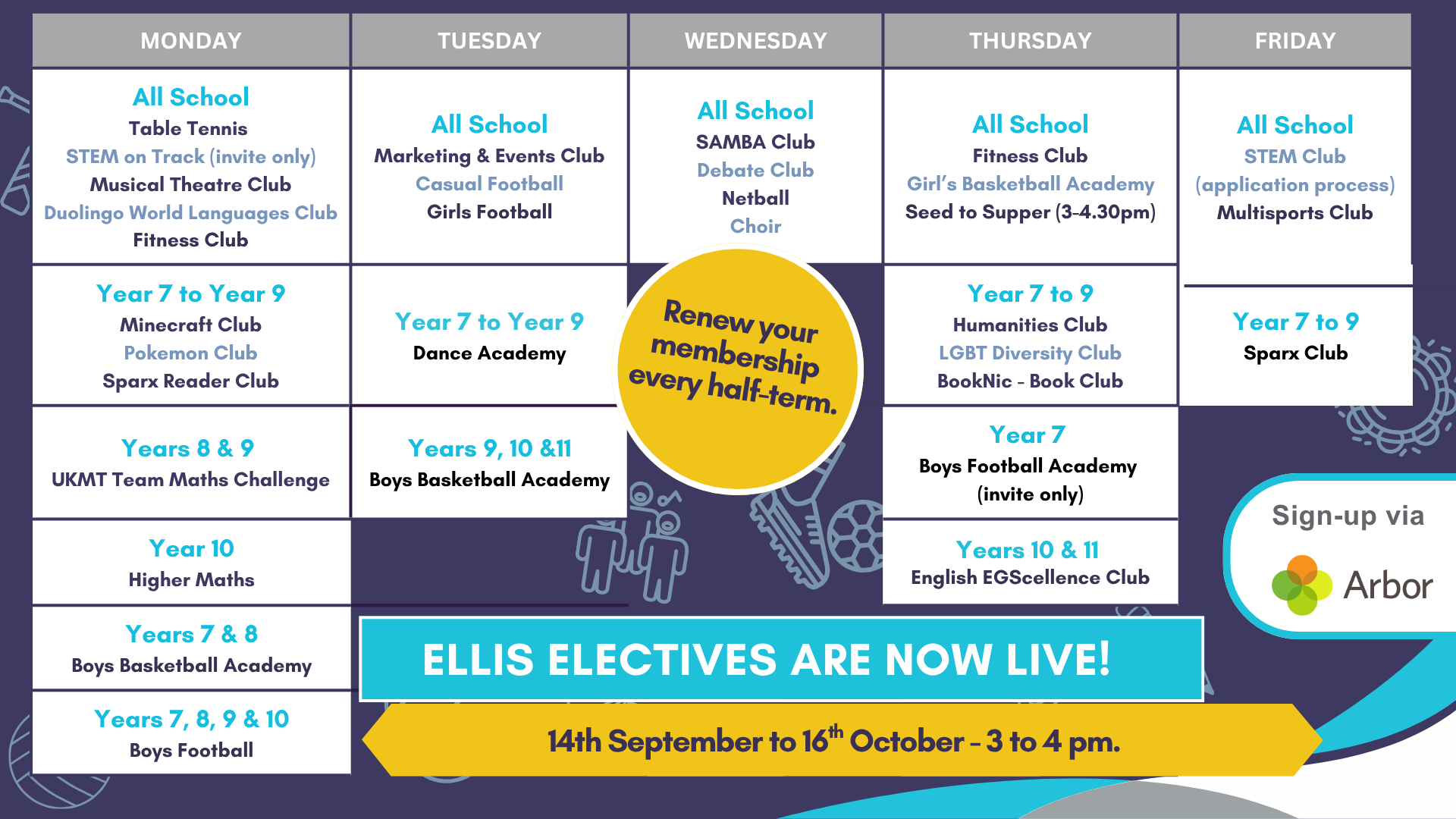 Ellis Electives timetable for September to October